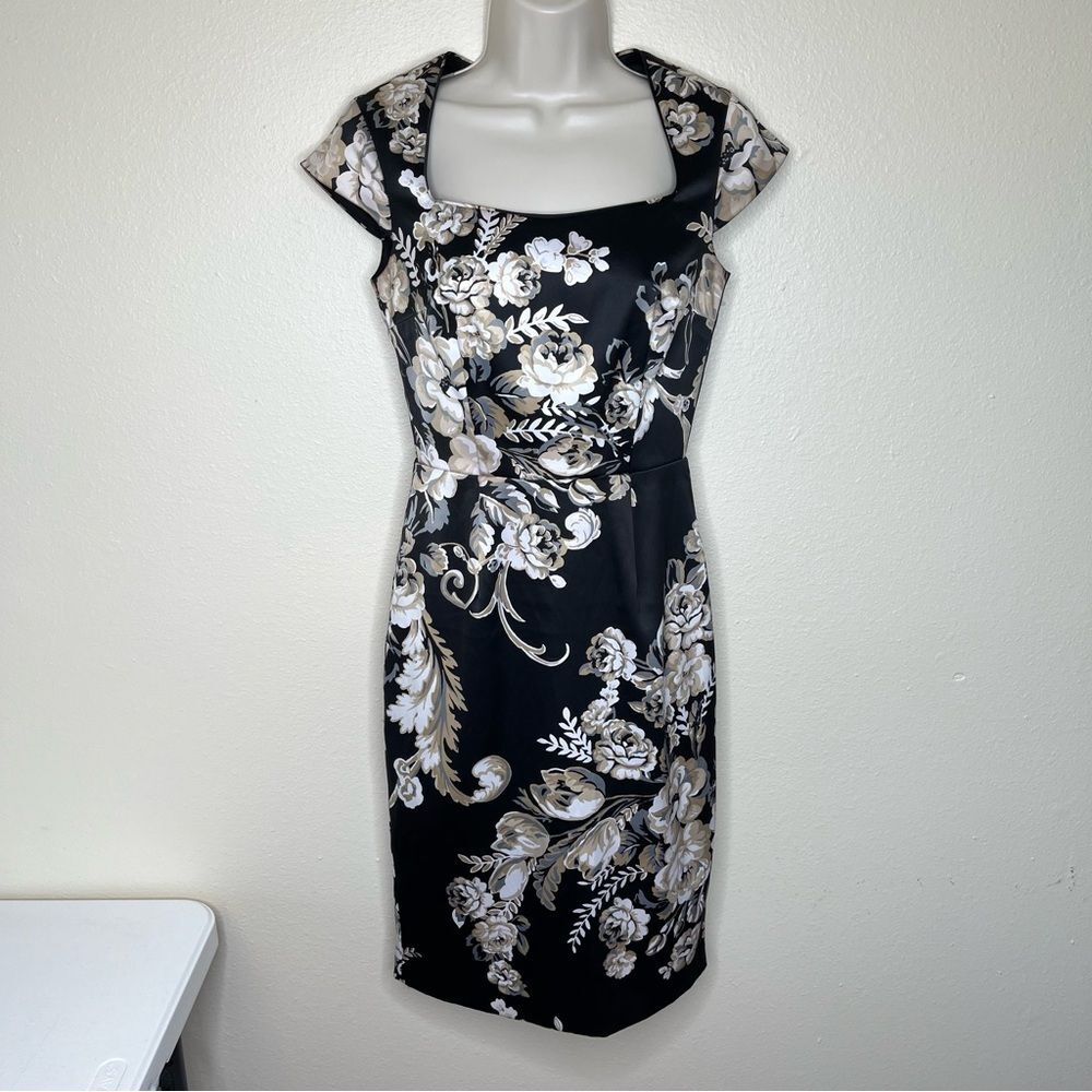 White House Black Market Floral Satin Sheath Dress Square Neck Women Size 00 - Picture 13 of 13
